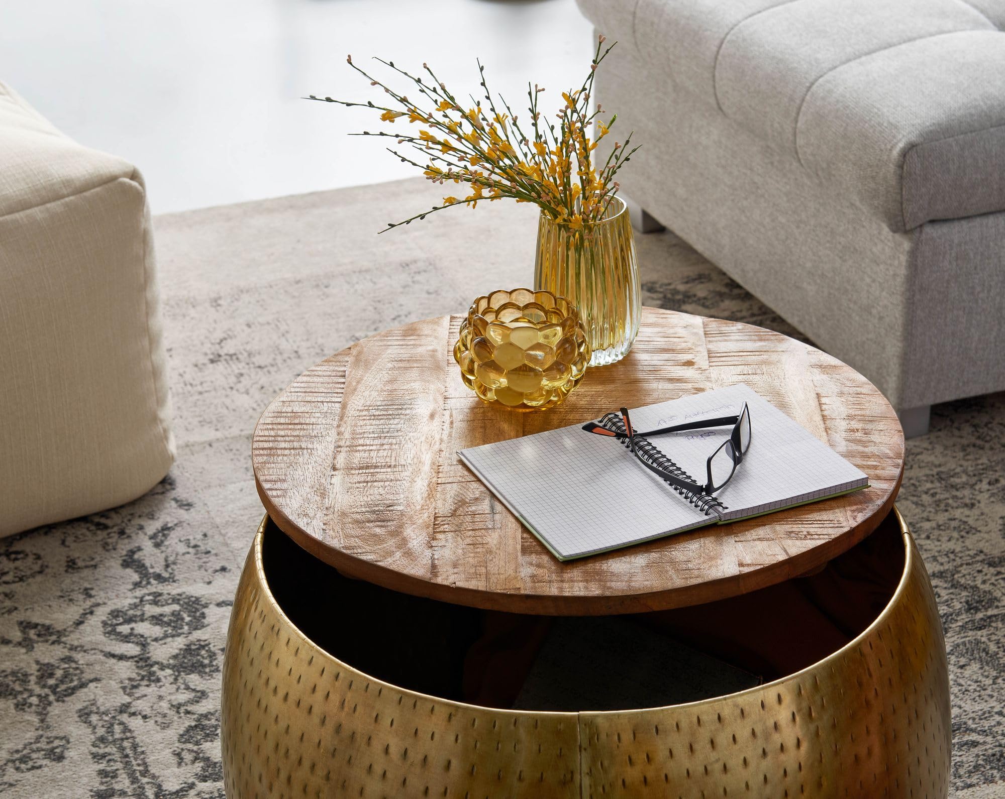 FineBuy Mesa de Centro Moderna Redonda 60x60x40 cm Metal y Madera Maciza de Mango | Mesa Auxiliar Oro con Almacenaje para Salón | Mesita Café para Sofá | mesa de salón con bandeja extraíble y compartimento, punta de sofá de madera auténtica, pieza única h