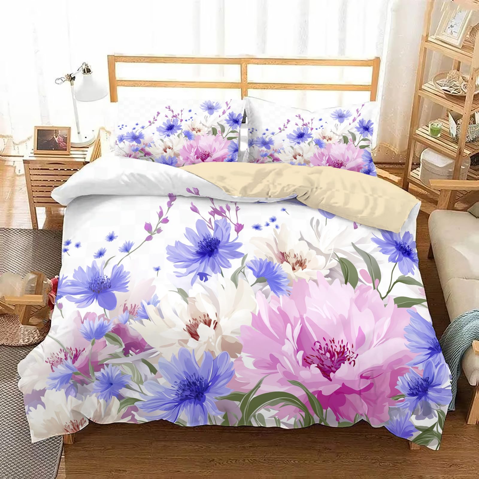Housse de couette imprimé microfibre confortable 200x200 bleuet pivoine parure de lit fleurs