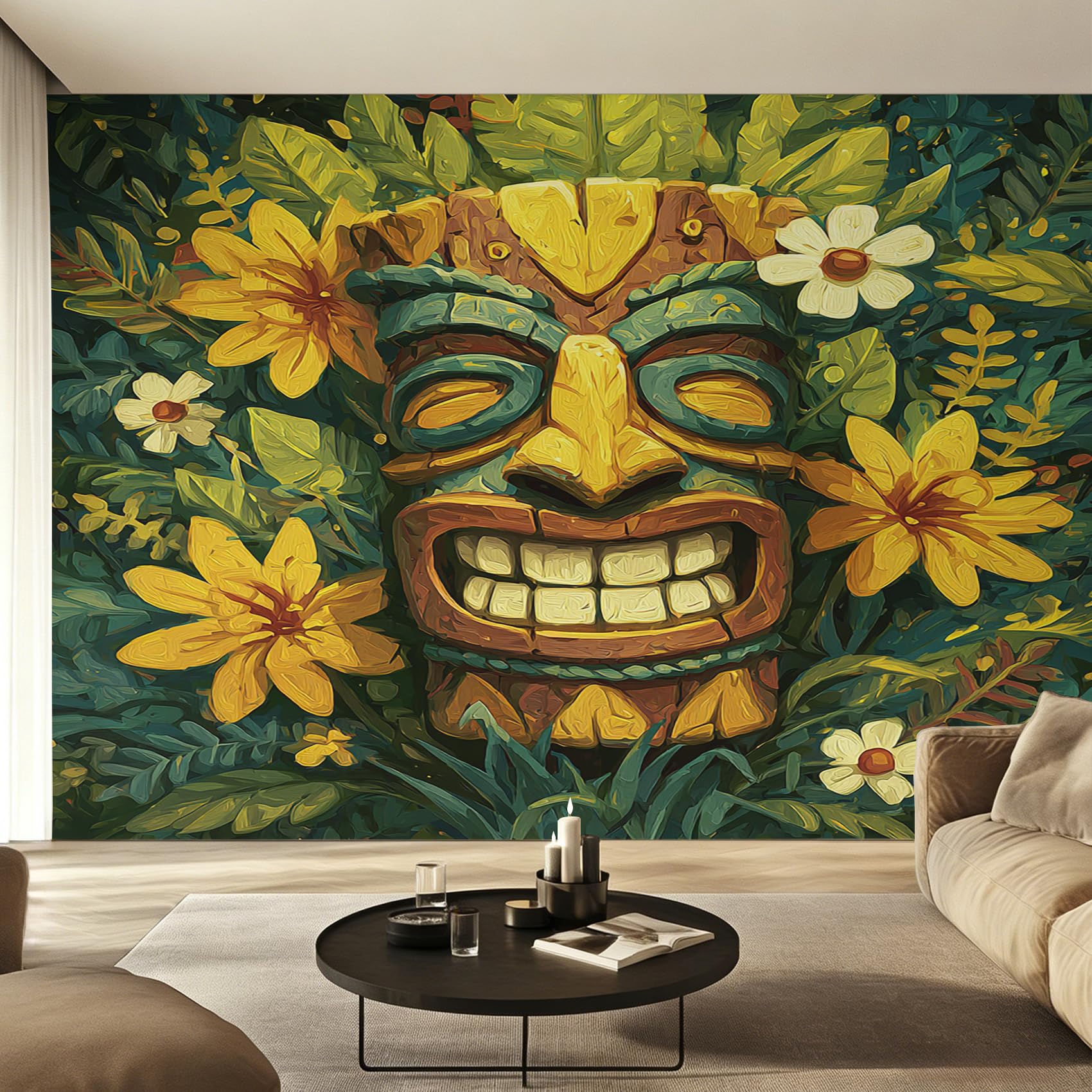 Papier Peint Tiki Intissé Haute Définition avec Fresque Murale Totem Géant