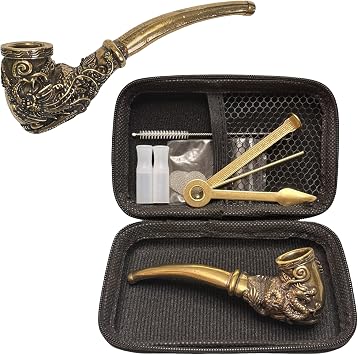4.3 Mini Handmade Vintage Brass Tobacco Pipe - Elegant Dragon & Phoenix Carvings, 5 Pipe Screens, Pipe Case & 3-in-1 Cleaner for Enthusiasts
