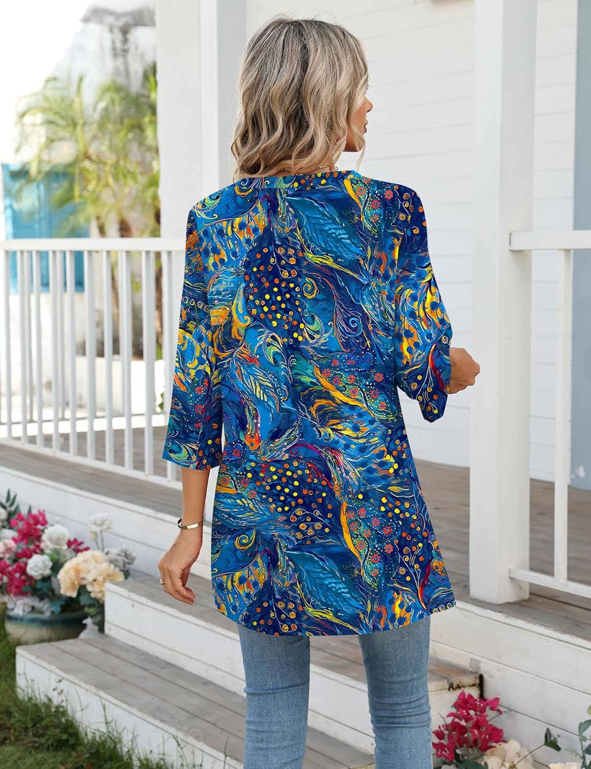 AKEWEI Womens Blouses Casual 3/4 Sleeve Tops for Women V Neck Tunics to Wear with Leggings Swing Flare - Image 3