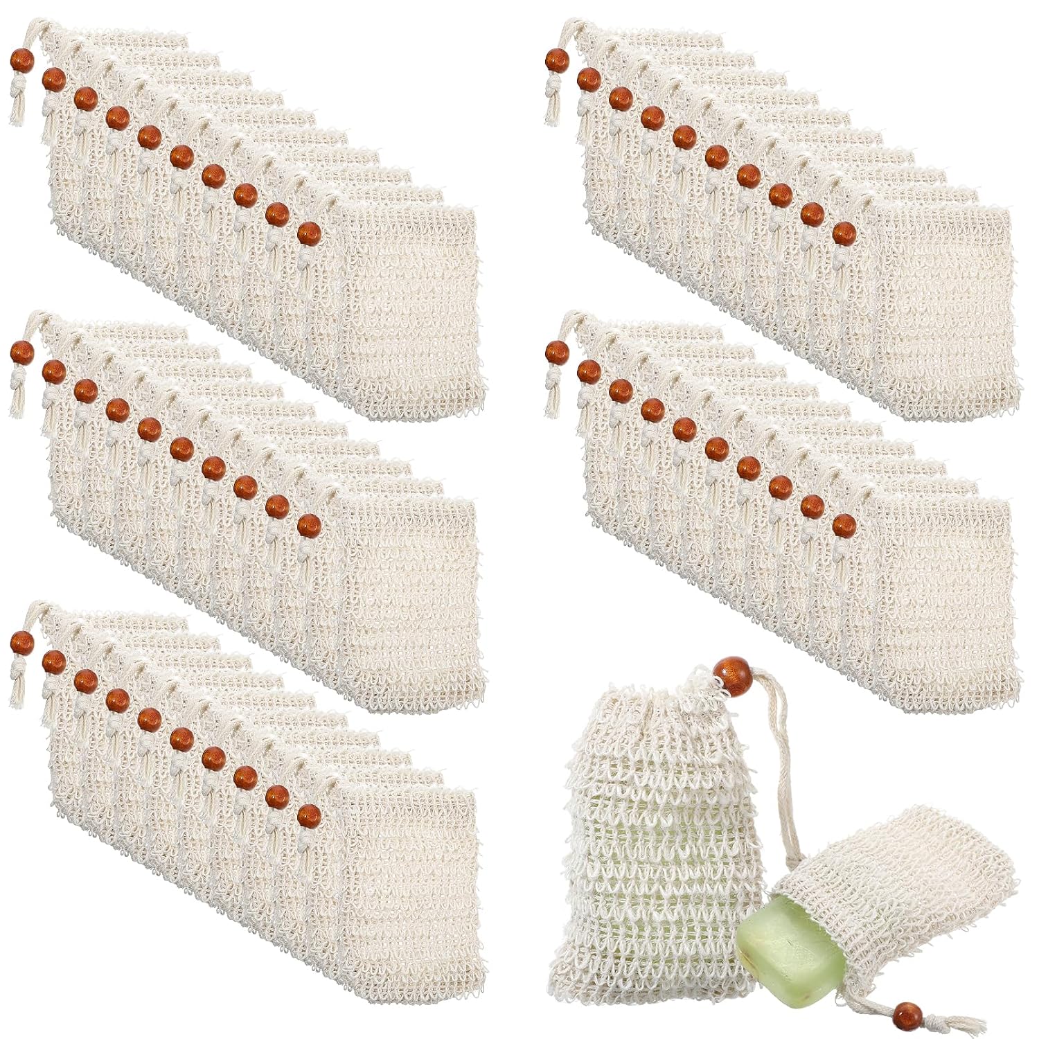 Molain 50 Pack Soap Bags, Natural Sisal Soap Saver Bag, Bar Soaps Pouch for Exfoliating, Foaming, and Drying