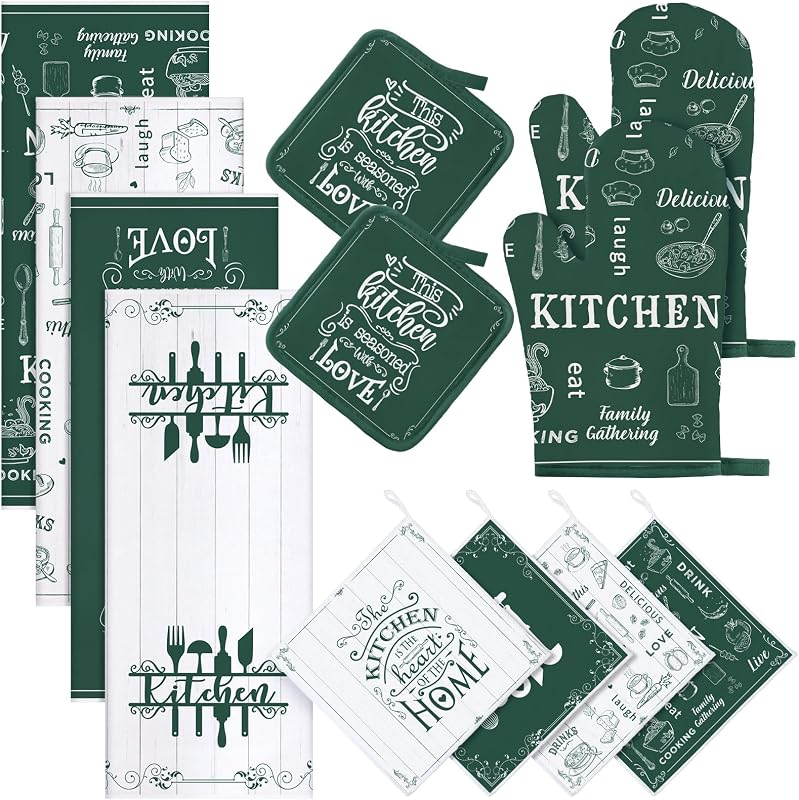 Juego de 12 piezas de accesorios y decoración de cocina de granja, 4 toallas de cocina verdes, 4 paños de cocina absorbentes, 2 agarraderas para ollas, 2 manoplas de horno, guantes para decoración del hogar, regalos para mamá