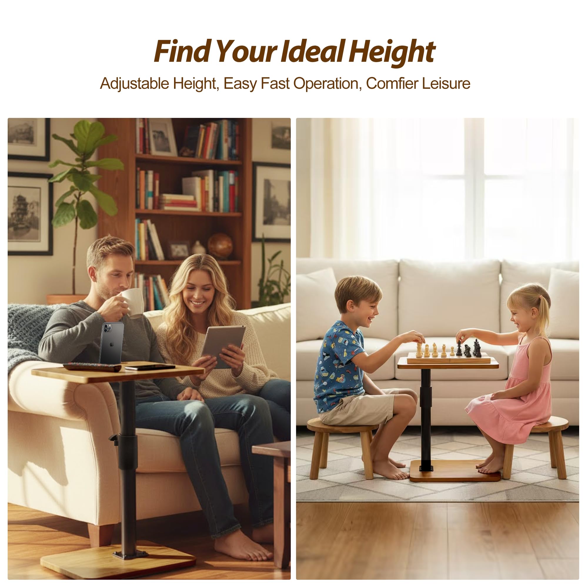 C-Förmiger Beistelltisch, Höhenverstellbar Couchtisch, 360° Drehbarer Wohnzimmer Tisch, Holz Tischplatte Mit Metallgestell, Sofa Klein Esstisch, Mini Kaffeetisch, Küchentisch, Couch Tablett-Tisch
