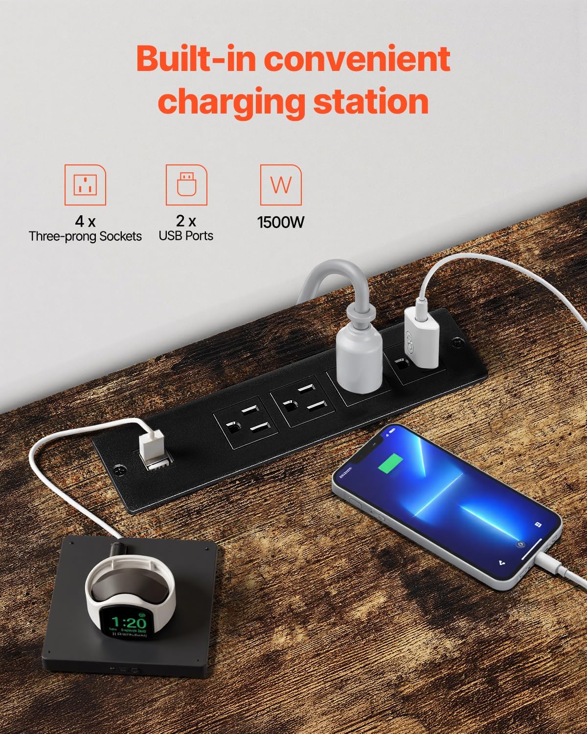 Close-up of the built-in charging station with 4 three-prong sockets and 2 USB ports, showing devices charging.