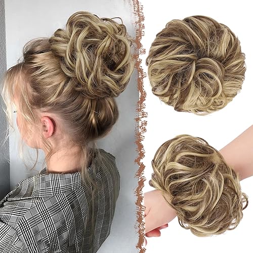 Miniatura 38 de FESHFEN - Extensiones de pelo rizado y desordenado para peinado, bandas elásticas con piezas de pelo sintético estilo moño, extensiones de cabello