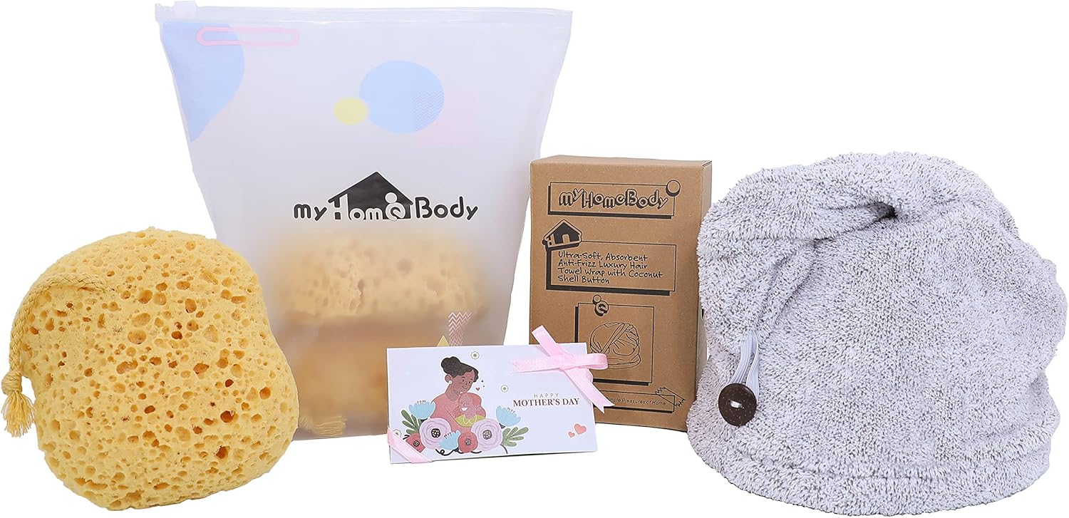 myHomeBody Moms Hair and Body Bundle - 3 Pack Premium Foam Bath Sponges with 1pc Charcoal Fiber Hair Towel Wrap