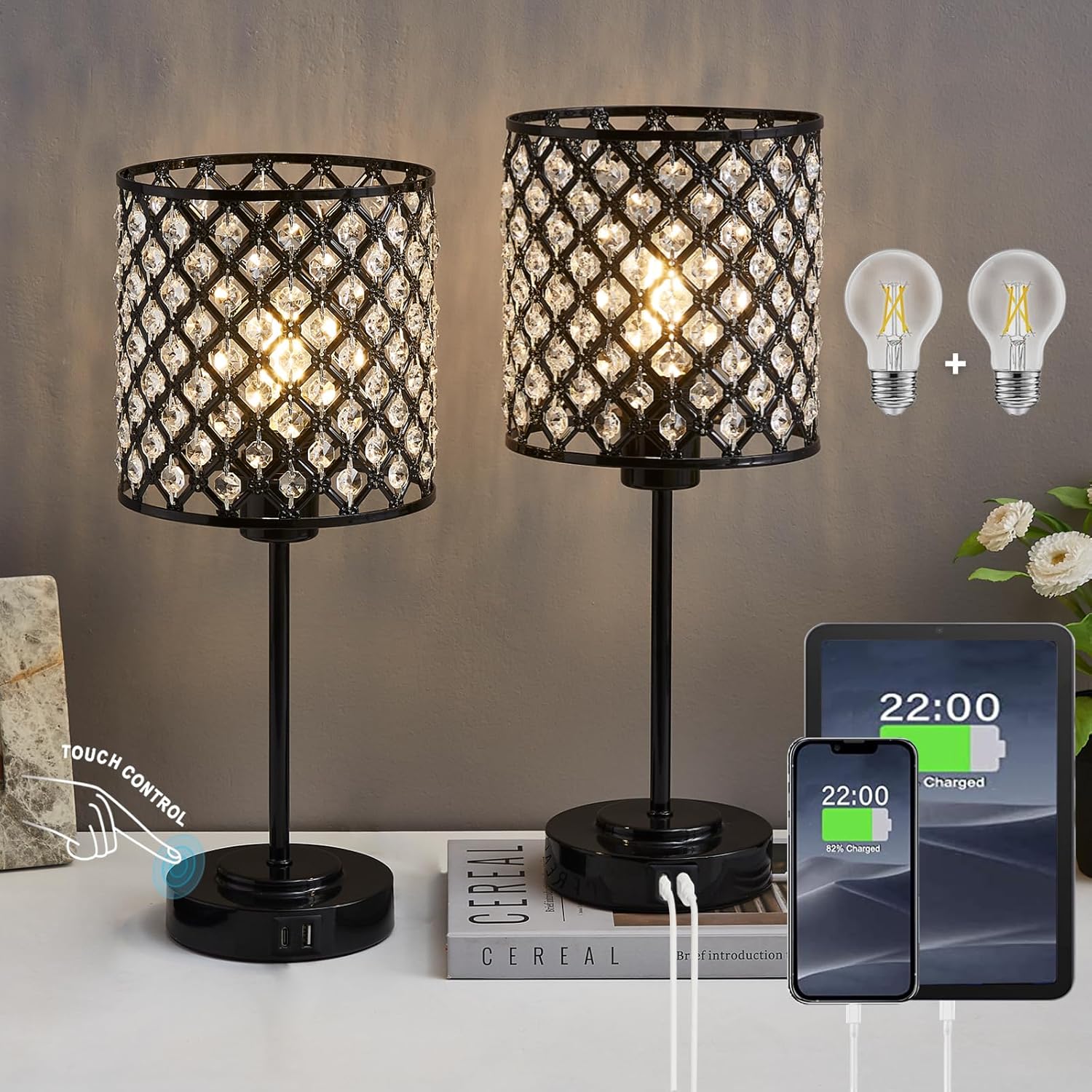 Touch Control Crystal Table Lamp Set of 2, Black Bangladesh Ubuy