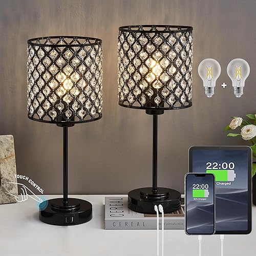 RAYINIGHT Lámpara de mesa de cristal, lámpara de cristal con control táctil con 2 puertos USB, lámpara de noche regulable de 3 vías con bombilla,
