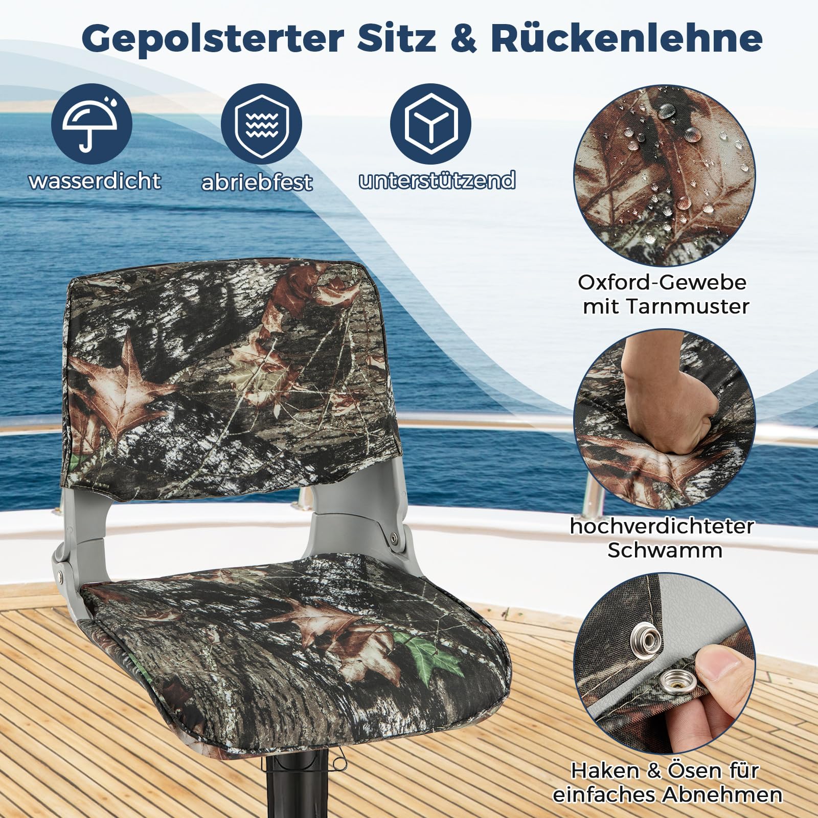 COSTWAY Bootssitz klappbar, Bootsstuhl mit niedriger Rückenlehne, gepolsterter Steuerstuhl für Angelboot, Ausflugsboot, Motorboot, Kanu, 50 x 50 x 47 cm