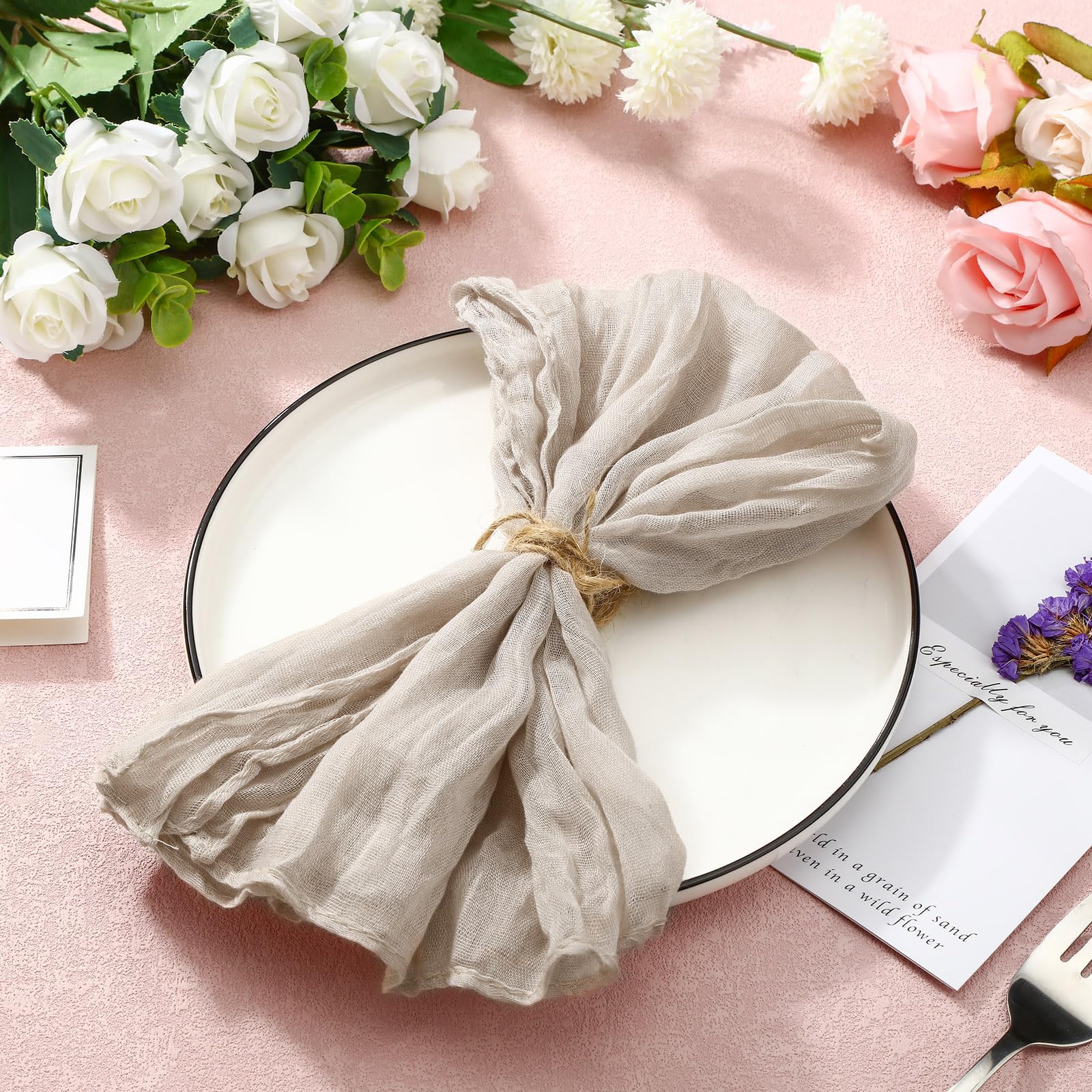 TegemeGauze Cheesecloth Napkins Wrinkled Dinner Napkins Soft Cotton Table Napkins Decorative Cloth Napkins for Weddings Parties Family Everyday Use, 20 x 20 Inch (Mauve, 24 Packs)