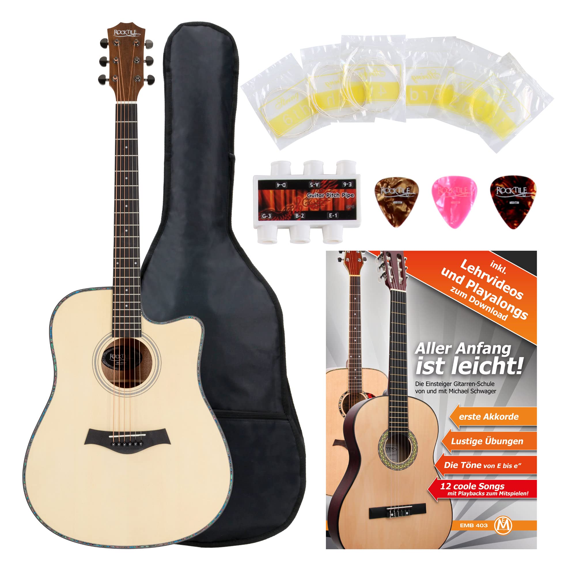 Rocktile WSD-100C NT Set de Inicio Guitarra Western, Tapa: Picea, X-bracing | Forma del cuerpo: Dreadnought de hombros cuadrados con cutaway, Fondo y aros: Caoba, Mástil: Okoume, Puente: Nogal, 5 cm
