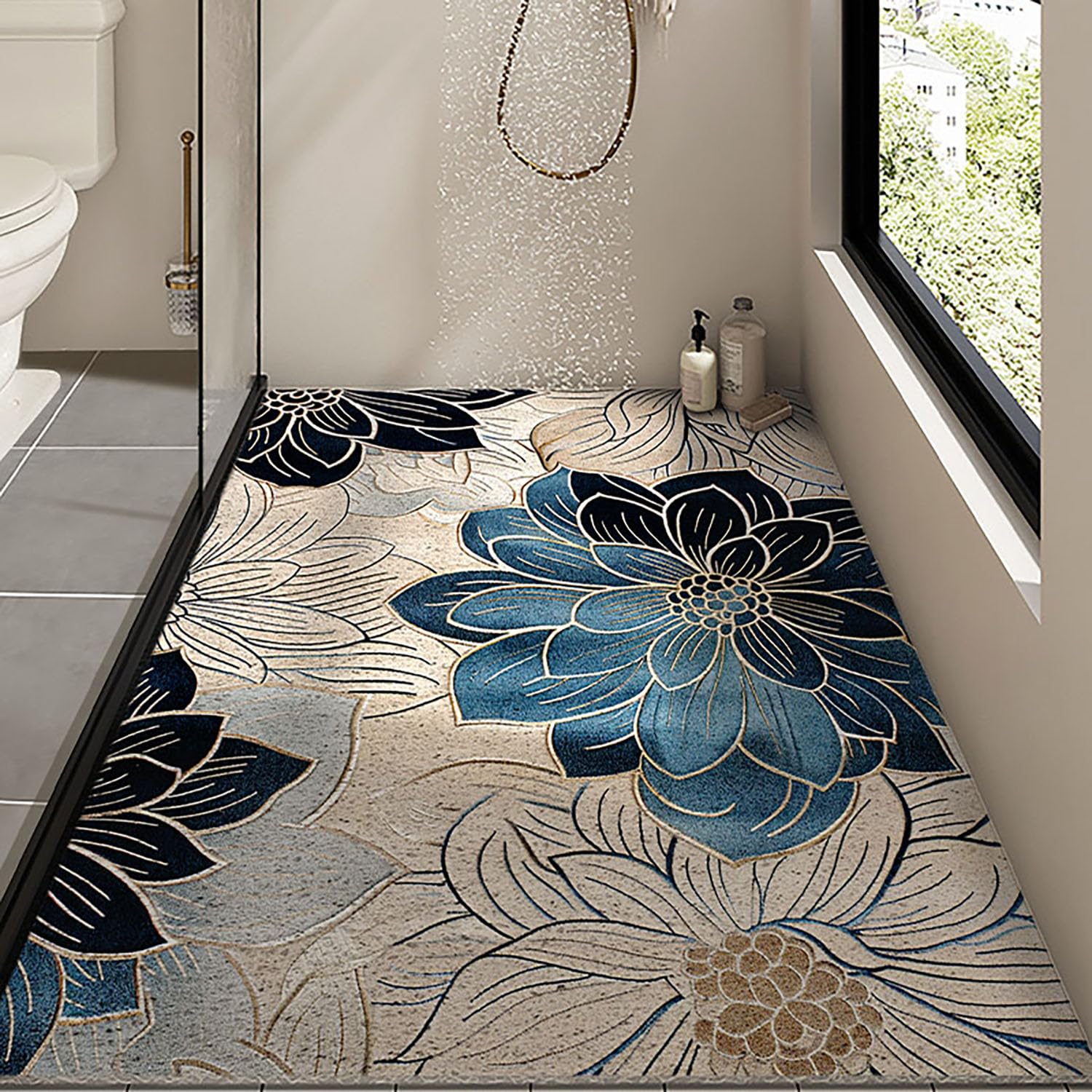 Tappeto Doccia Antiscivolo 70x100cm,Tappetino Vasca in Luffa,Tappeto Bagno Senza Ventose,Tappetino Doccia con Fori di Drenaggio,Motivo Floreale C