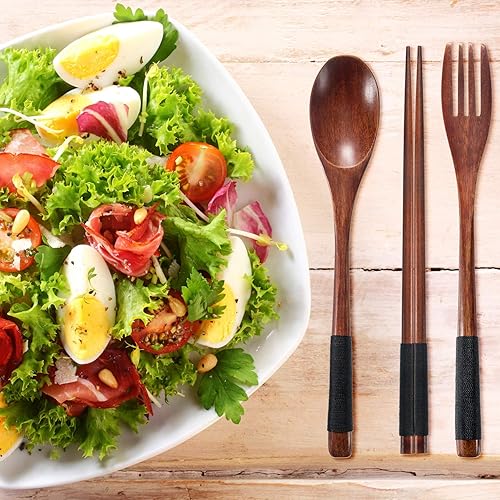 Miniatura 3 de Juego de 2 utensilios de madera, utensilios de viaje para comer, tenedor de madera, cuchara, palillos, juego de cubiertos portátiles reutilizables,