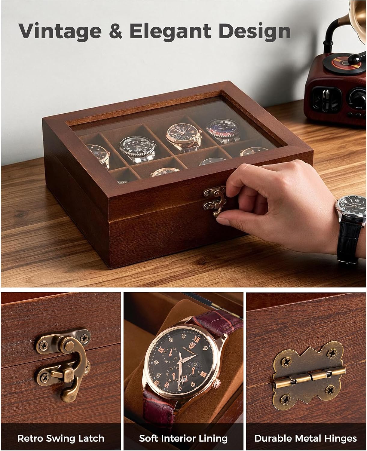 ProCase 8 Slot Wooden Watch Display Case With Glass Lid, Organizer