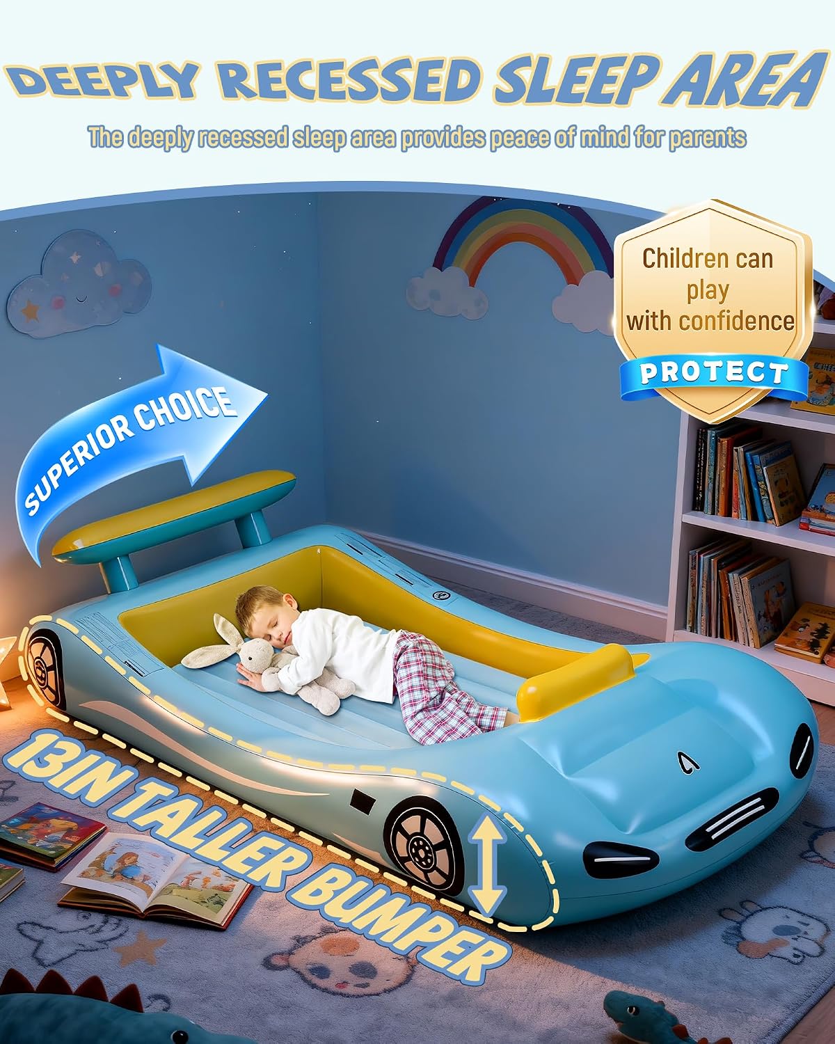 Vikua Inflatable Toddler Travel Bed with Safety Bumpers & Quick-Inflating Pump, Portable Blow Up Air Mattress for Kids with Carry Bag, for Home, Travel, Camping, Sleepovers, 330lbs Support (Blue)