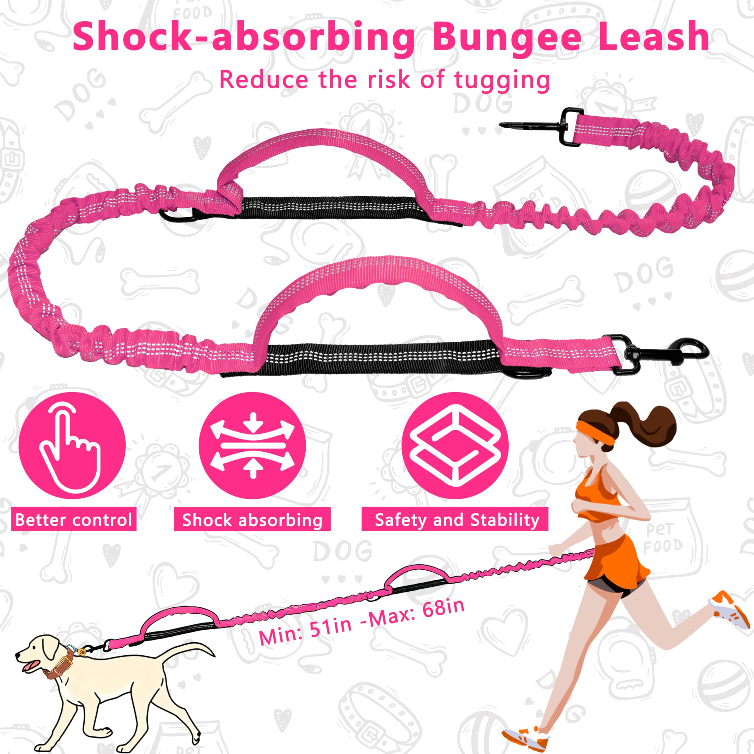 Freihändige Hundeleine mit Reißverschlusstasche, Lauf-Taillenleine für Spaziergänge mit dem Hund, verstellbarer Hüftgurt für große Hunde, reflektierendes Bungee-Design mit zwei Griffen zum