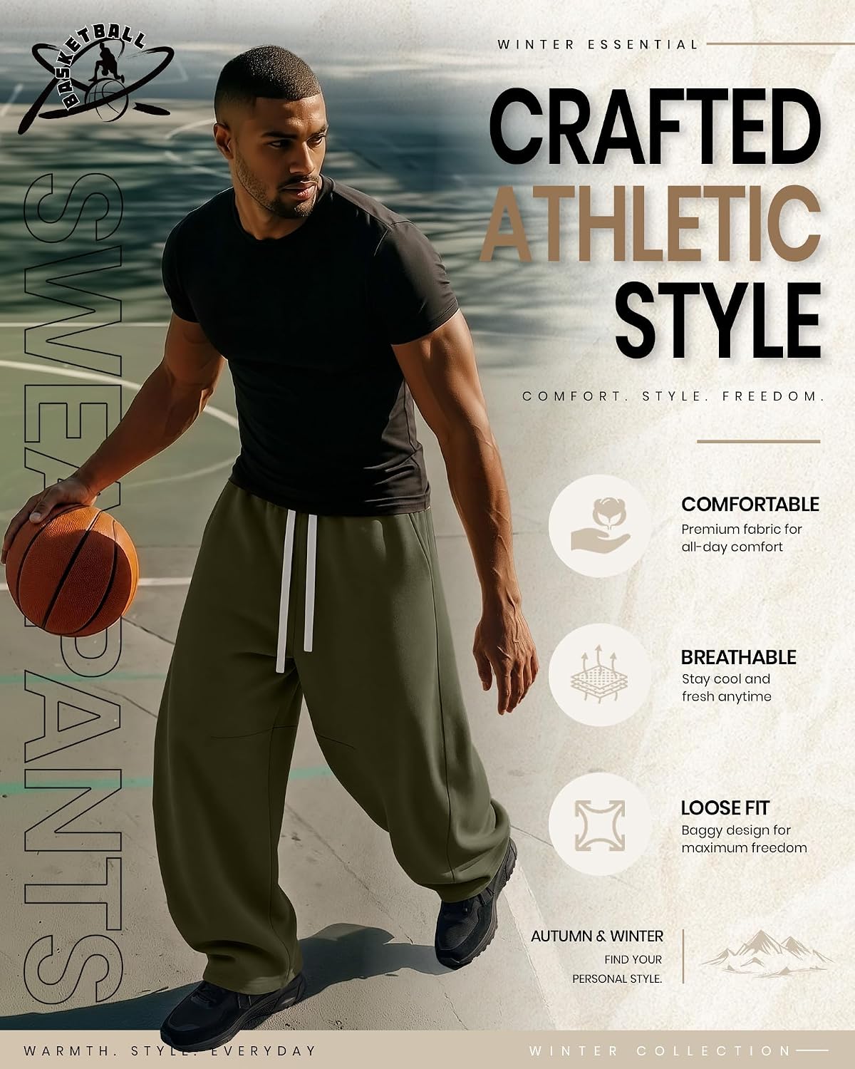 Men's Fleece Baggy Sweatpants Wide Leg Barrel Sweat Pants Elastic Waist Drawstring Athletic Gym Pants with Pockets