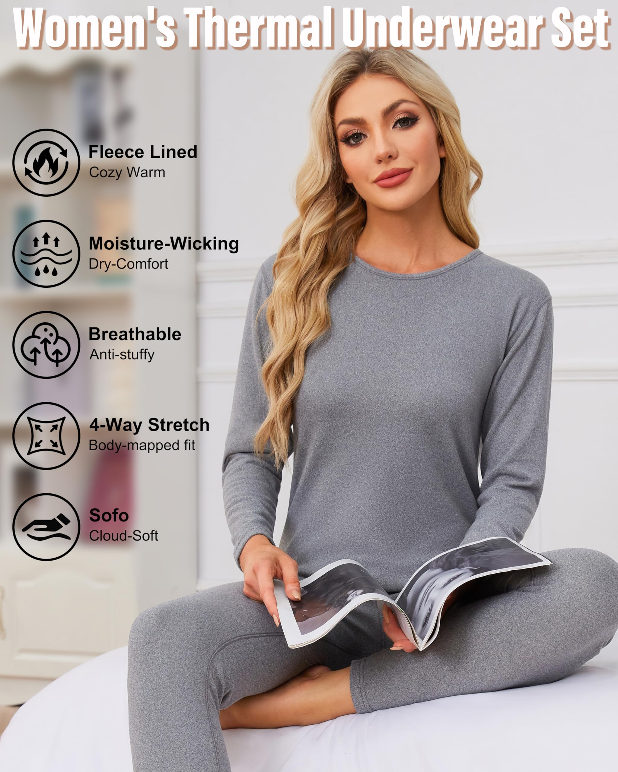 TELALEO 2 Sets Women's Thermal Underwear Long Johns Double-Sided Fleece Lined Base Layer Top & Bottom Pajama for Cold Weather