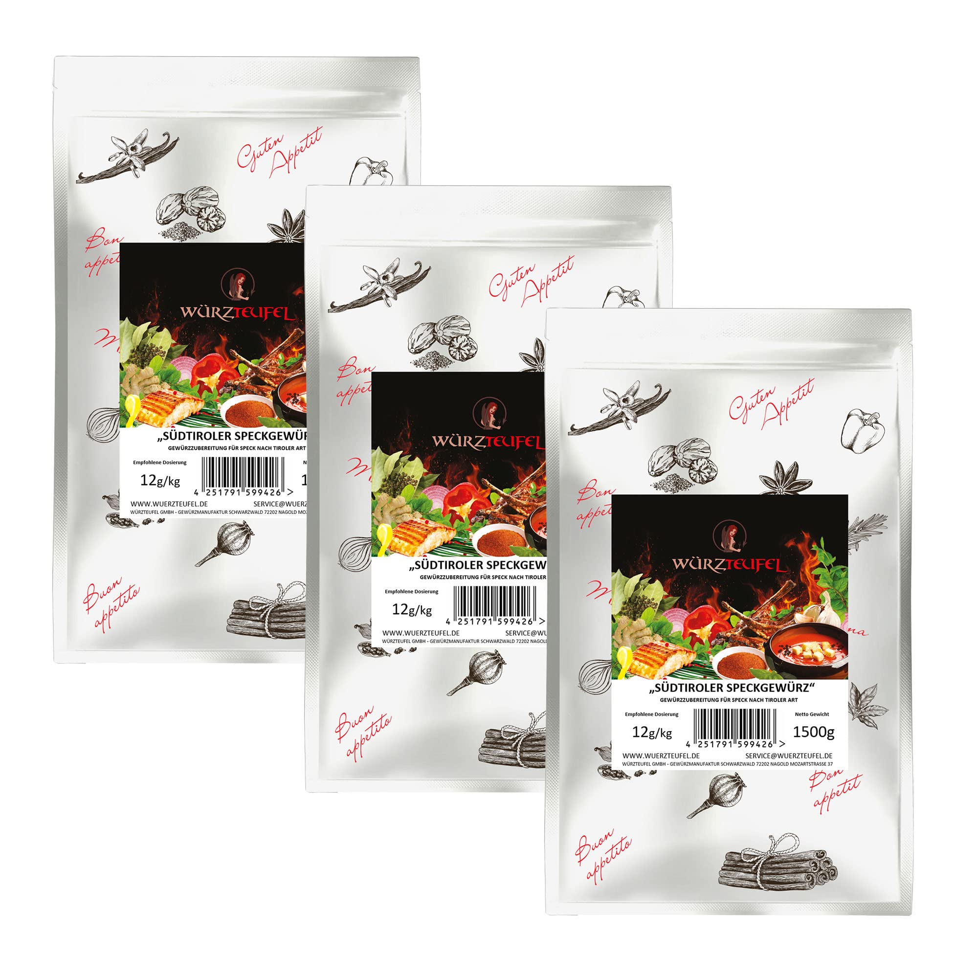 Südtiroler Speck - Gewürzzubereitung, Rohschinken - Gewürz, Schinkenspeck Gewürz. 3 XL Beutel je 1500g (4,5KG)