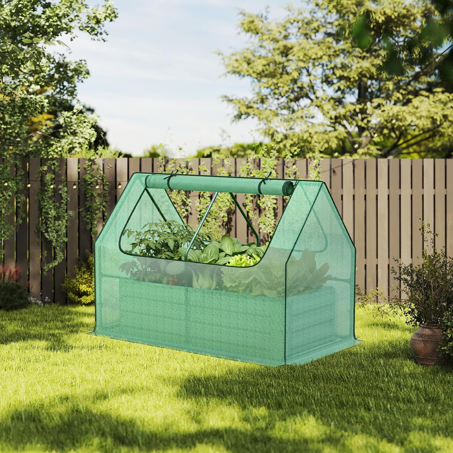 Aoodor Raised Garden Bed Kit, 4x2x1 FT Galvanized Planter Box with PE Cover, Screen Windows for Gardening, Green