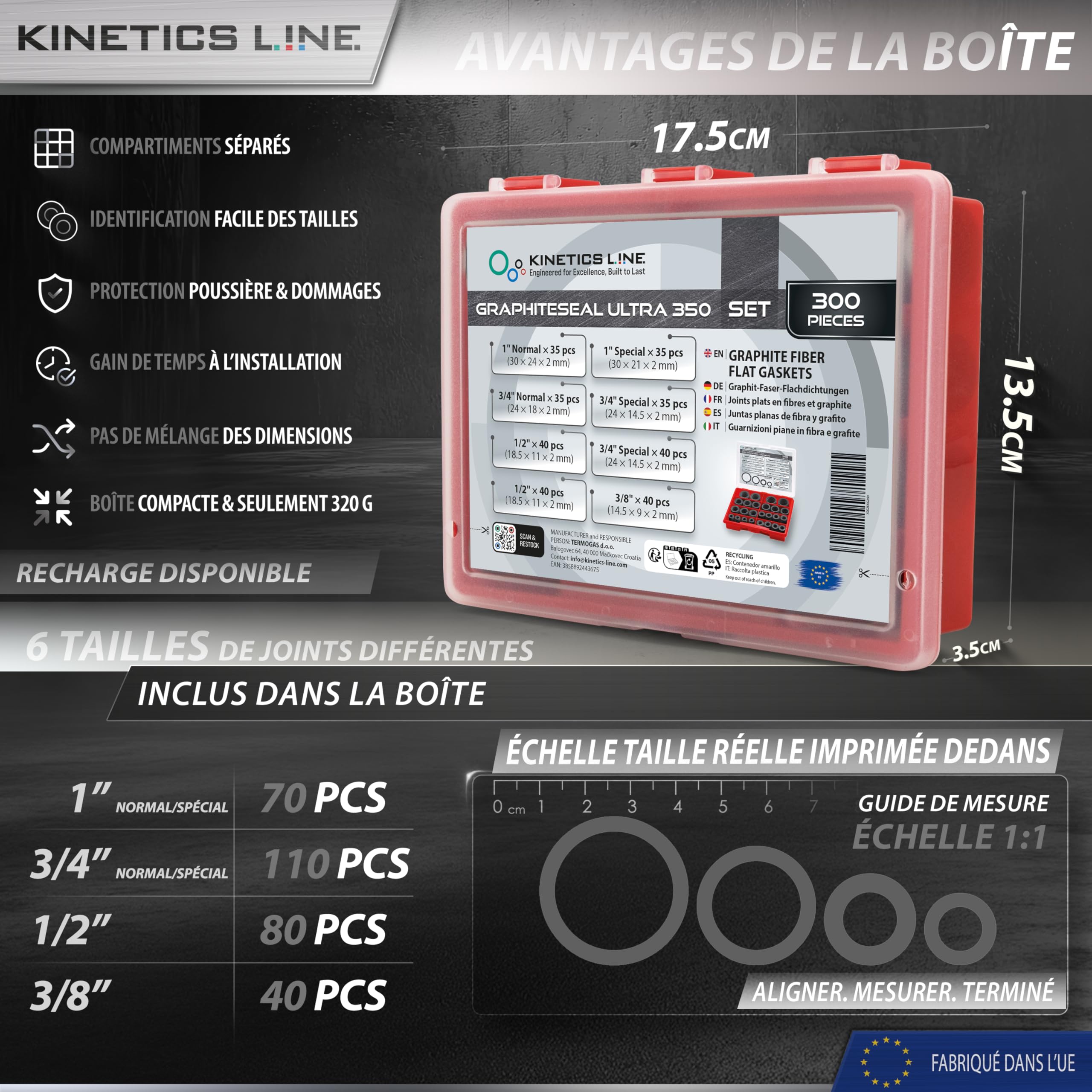 Kit Joints Graphite 300 Pièces – Assortiment Joints de Bride 3/8–1 Pouce – Haute Température Jusqu’à 350°C & 100 bar – Joint Vapeur Haute Pression Industriel