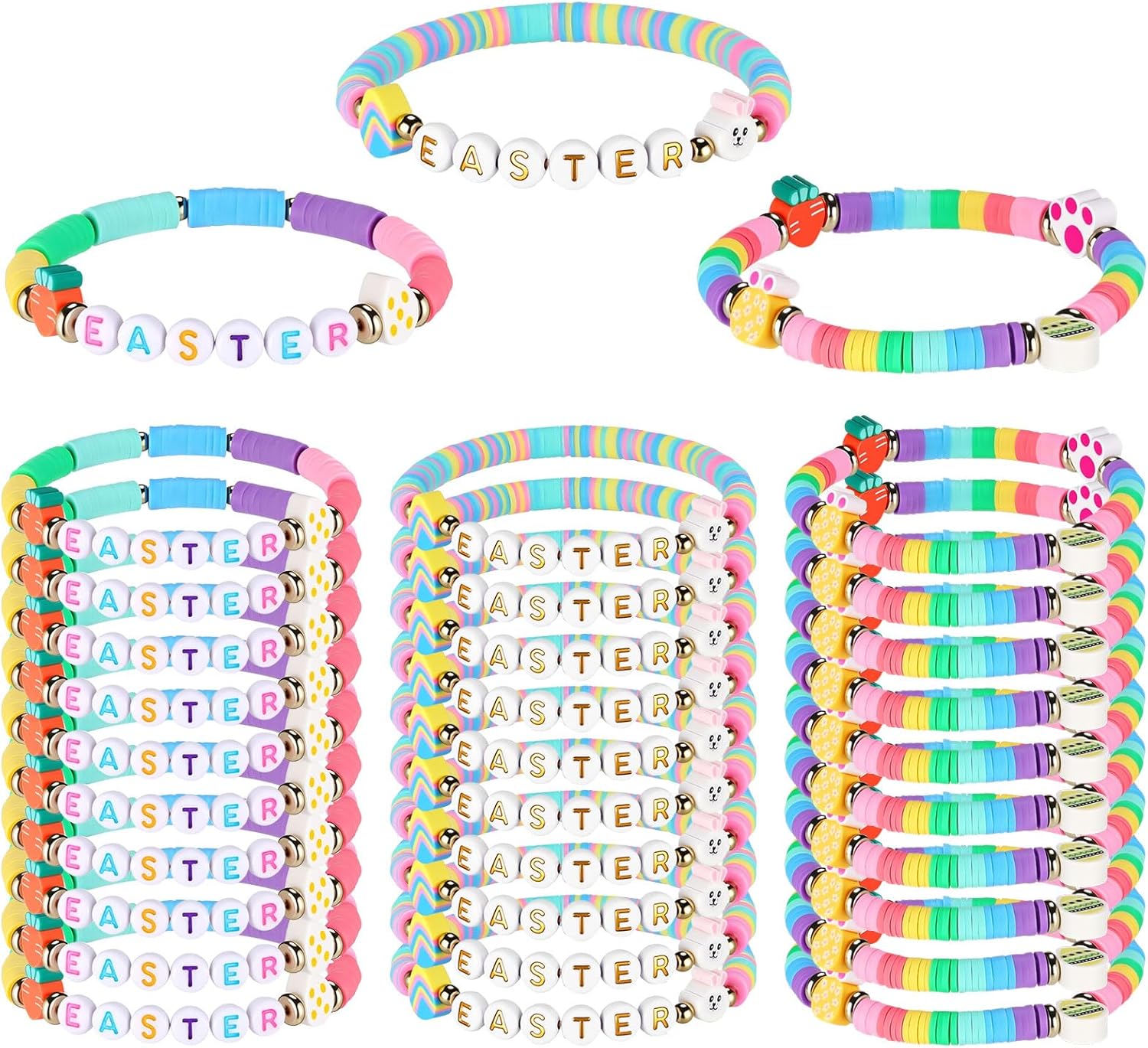 Landical 30 Pcs Easter Party Bracelets Gifts Bulk Easter Bunny Egg Carrot Polymer Clay Beaded Stretch Bracelets Bulk for Party Supplies Basket Stuffers Egg Fillers Gifts for Kids Easters Hunt