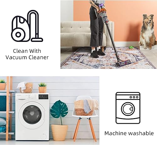 Miniatura 4 de Alfombra de área naranja y beige de 2 x 3 pies, alfombra pequeña con estampado antideslizante, tapete suave de pelo bajo, alfombra lavable para