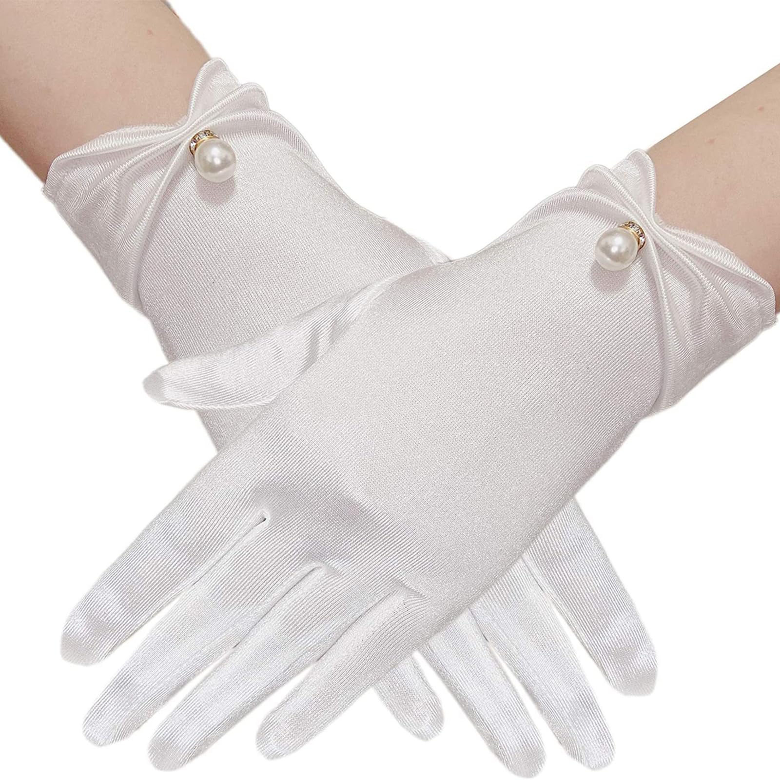 Hangsu Satins Gloves Evening Gown Gloves with Pearls Decors Wedding Bride Gloves for Formal Occasion Stage Props Hand Gloves