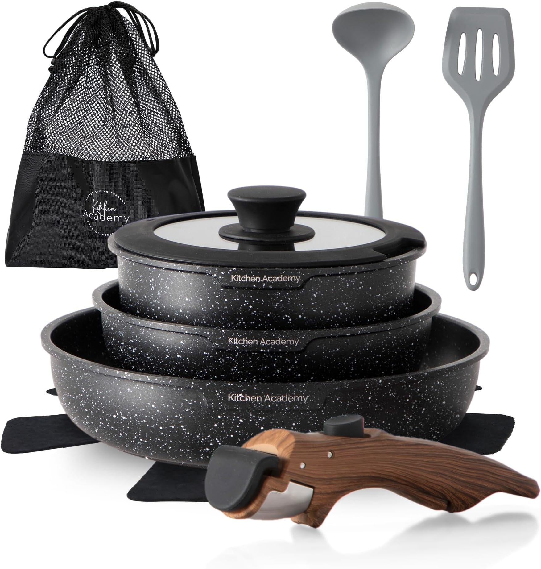 Non Stick Cookware Set, 10 Piece Granite-Coated Induction Pots and Pans Set with Detachable Handle, Stackable RV Cooking Set for Camping, Camp, Black