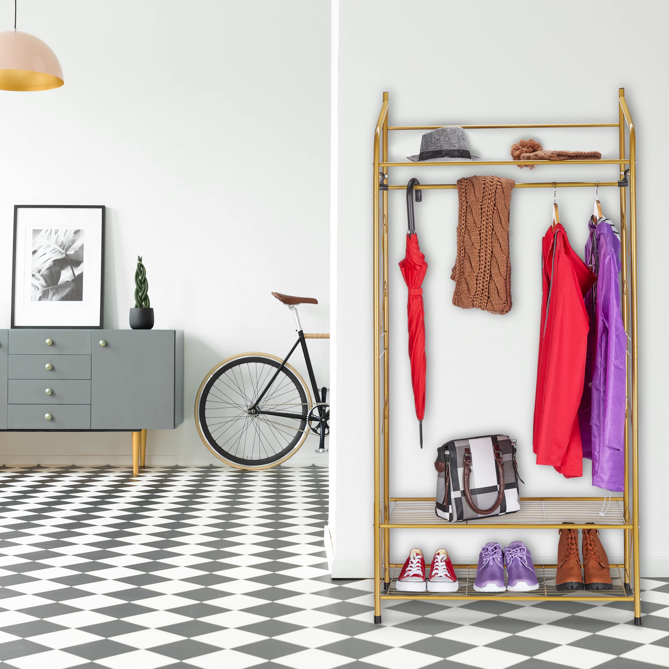 Relaxdays Stand Appendiabiti, in Metallo, con 3 Ripiani, Asta Attaccapanni, Vintage, HLP: 161 x 78 x 36 cm, Dorato