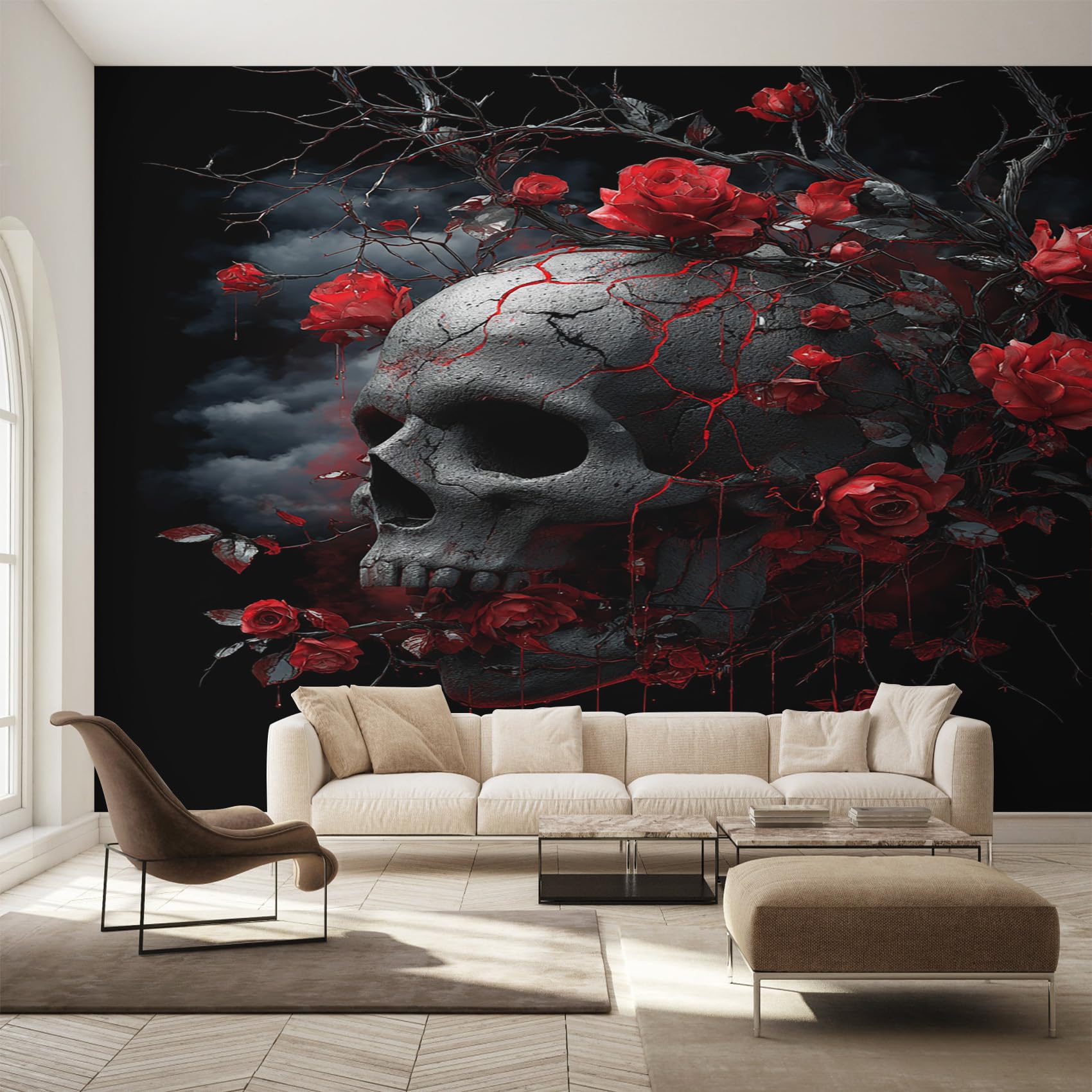 Papier peint panoramique squelette rose pour un salon gothique moderne