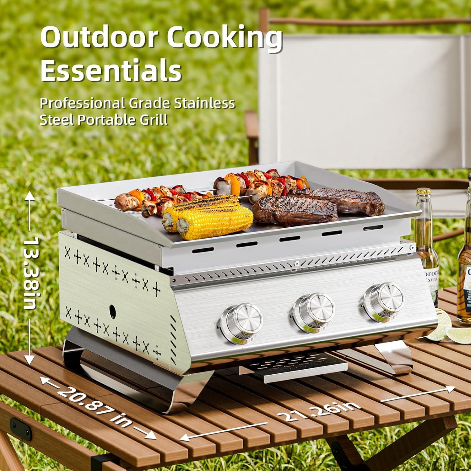 Electactic 3-Burner Stainless Steel 2-in-1 Tabletop Grill and Griddle Combo, 24,000 BTU Portable Flat Top Propane Gas Grill for Commercial BBQ, Outdoor Cooking, Camping, Tailgates & Backyard