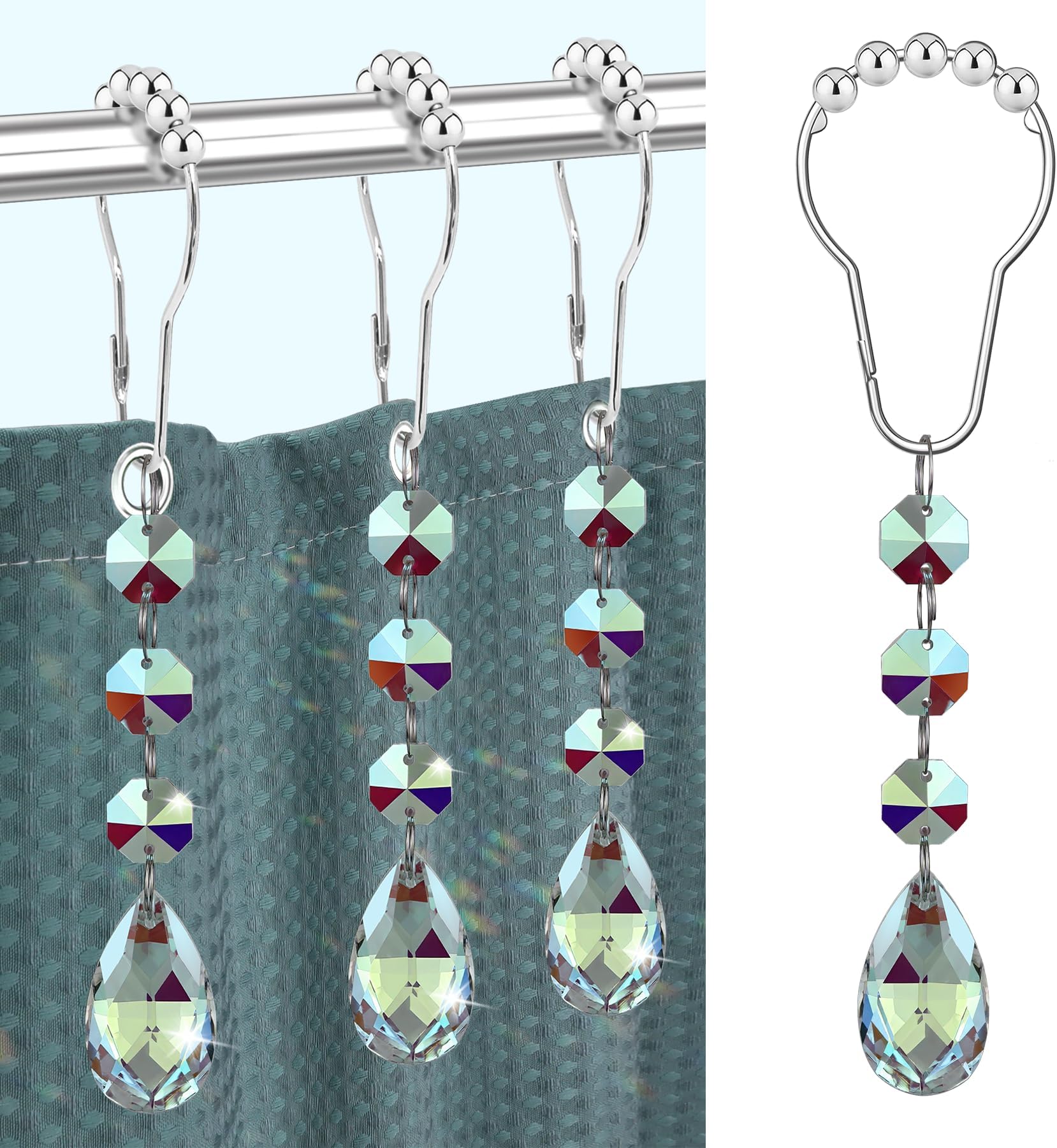 Shower Curtain Hooks Rings for Bathroom, 12PCS Gemstone Crystal Bead Water Drop Stainless Steel Rust Resistant Clear Shower Curtain Rings (Multicolor)