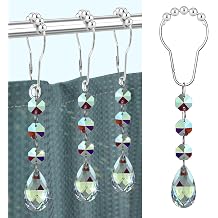 Shower Curtain Hooks Rings for Bathroom, 12PCS Gemstone Crystal Bead Water Drop Stainless Steel Rust Resistant Clear Shower Curtain Rings Multicolor