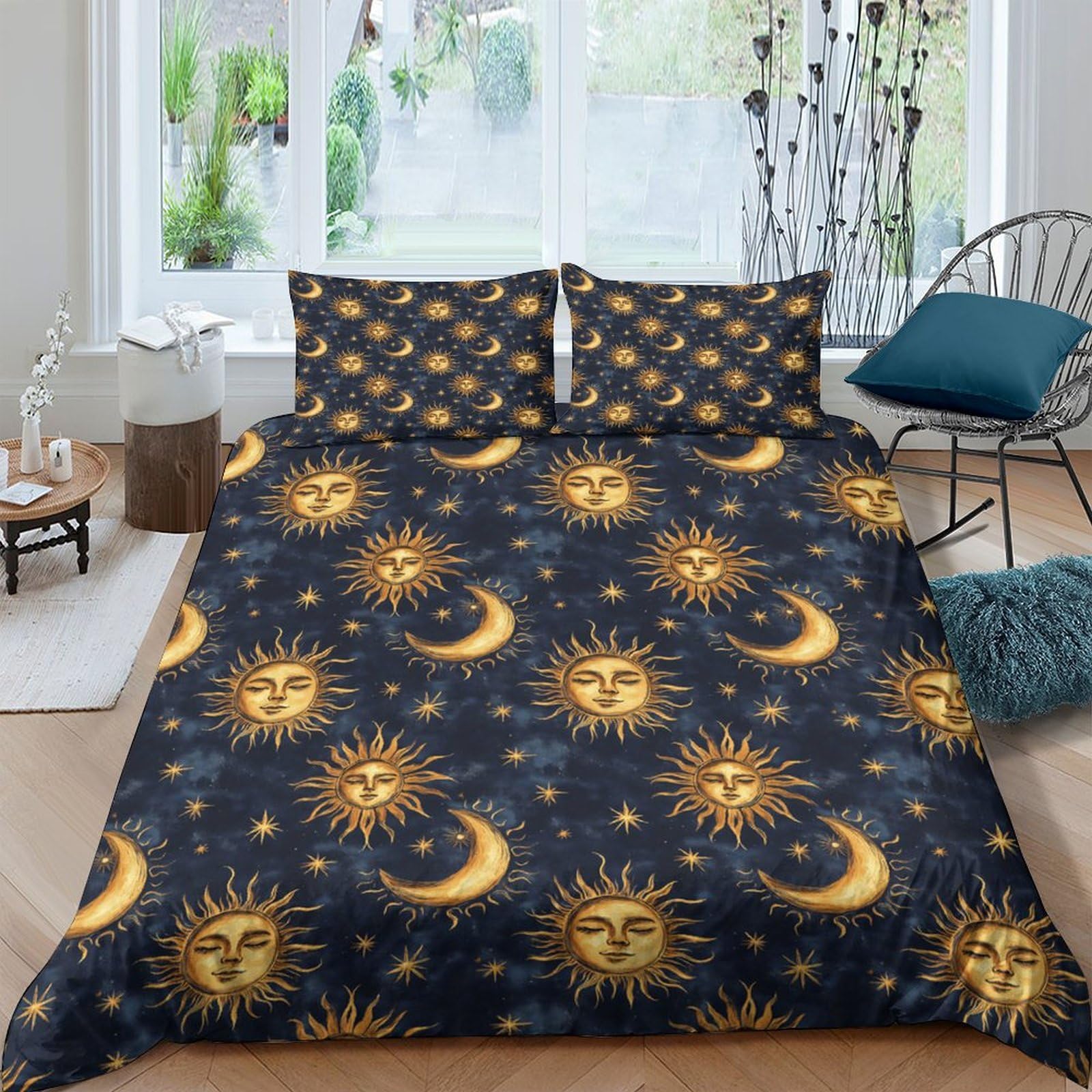 Ctjqhvkz Style-10 3D Printed Sun And Moon Fitted Sheet Microfiber Soft Dark Blue Celestial Mattress Cover For Bedroom Dorm Decor Single（135X200cm）