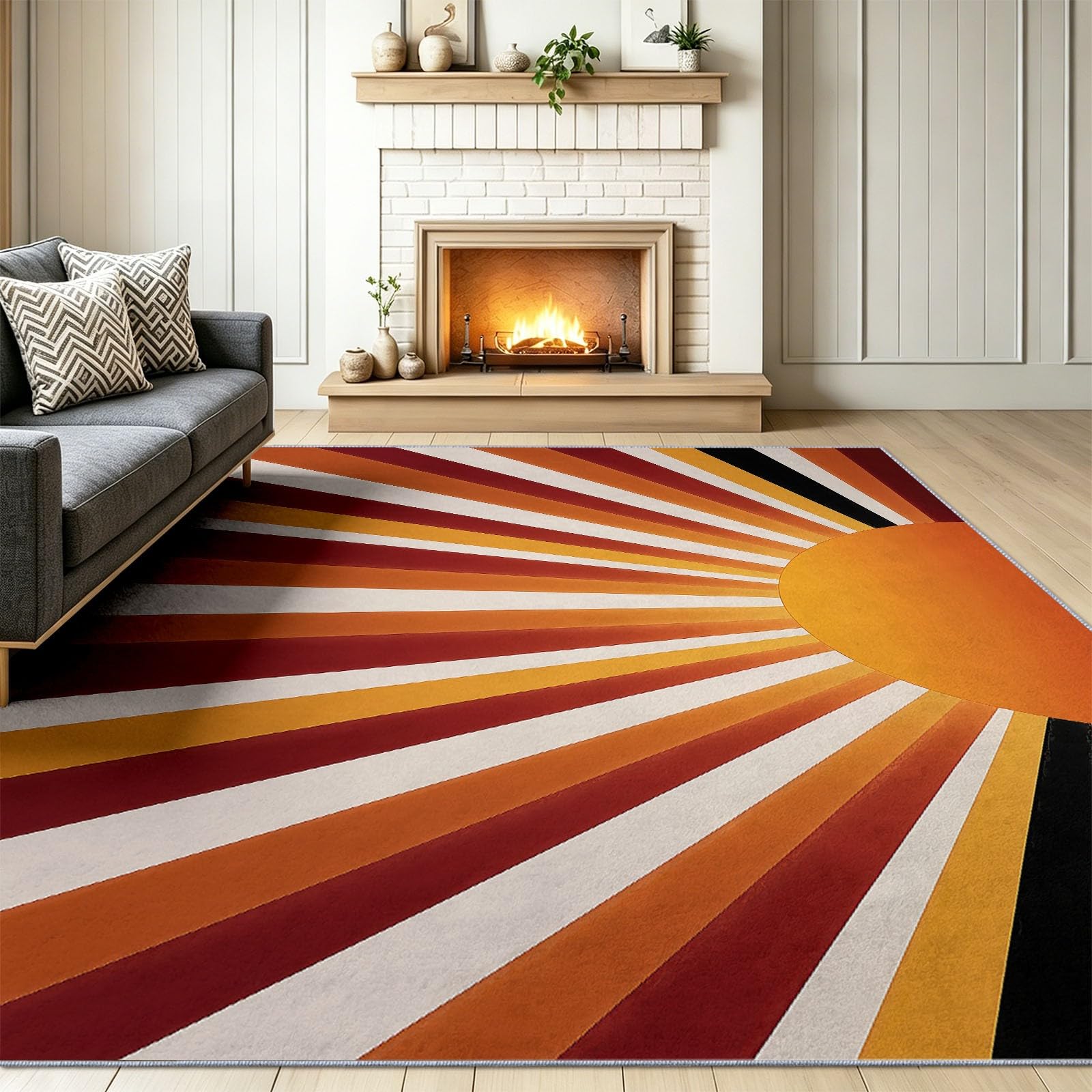 Sonnenstrahlen Linien Teppich, Geometrisch Abstrakt Teppich, waschbar, 160 x 230 cm - für Wohnzimmer Schlafzimmer weich Büro Esszimmerteppich rutschfest, Orange