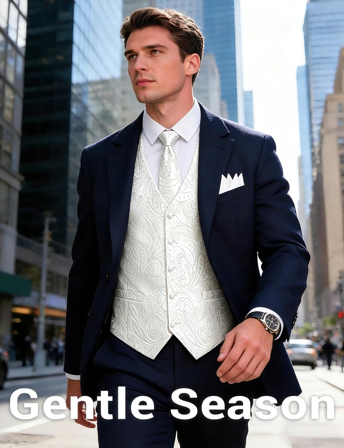 Men's Formal Suit Vest with Tie Pocket Square Slim Fit 3 Pockets Waistcoat Vest Set for Men