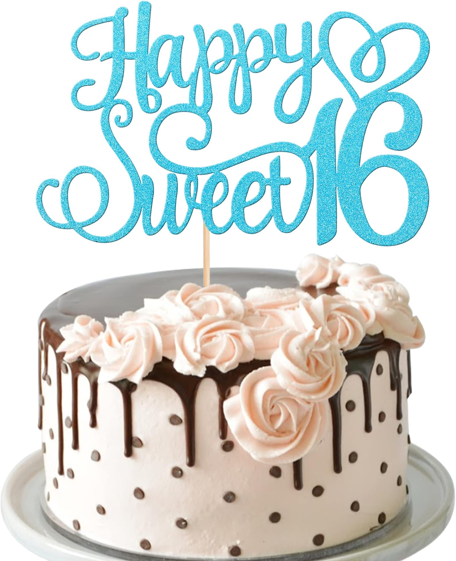 1 PCS Happy Sweet 16 Cake Topper Glitter 16th Birthday Cake Pick Cheers to 16 Years Cake Decoration for Happy 16th Birthday Anniversary Party Decorations Supplies Blue