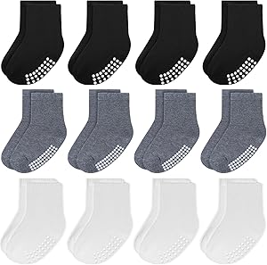 JAKIDAR 12 Pack Baby Toddler Socks Non Slip Grip Cotton Crew Socks for Boys Girls Infants Kids