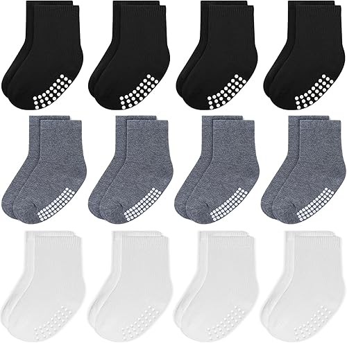 JAKIDAR 12 Pack Baby Toddler Socks Non Slip Grip Cotton Crew Socks for Boys Girls Infants Kids