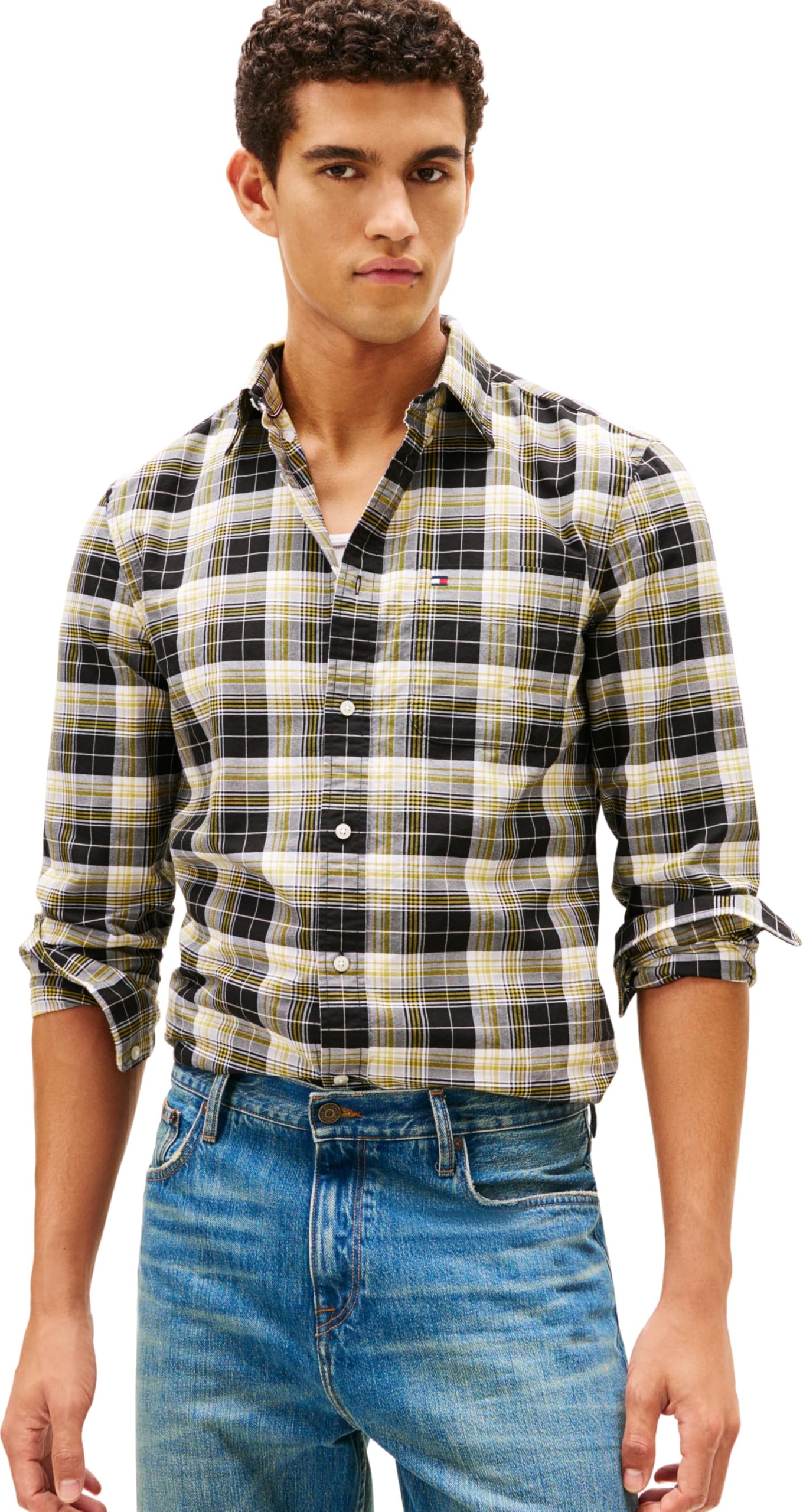Tommy Hilfiger Men Oxford Heritage Plaid RF Shirt MW0MW41678 L/S Shirt, Black, S
