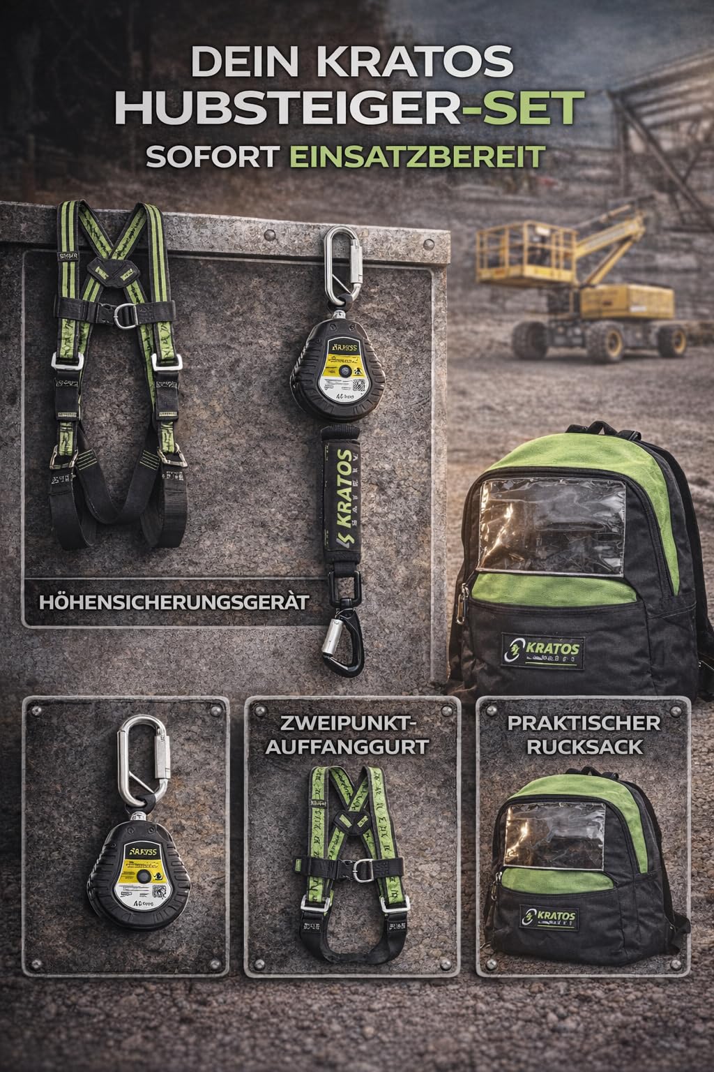 Kratos Safety Hubsteiger Sicherheitsset, Fallschutz-Set mit Gurt EN361, Höhensicherungsgerät, Rucksack, PSA