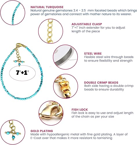 Miniatura 5 de Gempires - Pulsera de cuentas de turquesa con piedra natal de diciembre, hipoalergénica, 8 pulgadas, chapada en oro, delicadas pulseras minimalistas