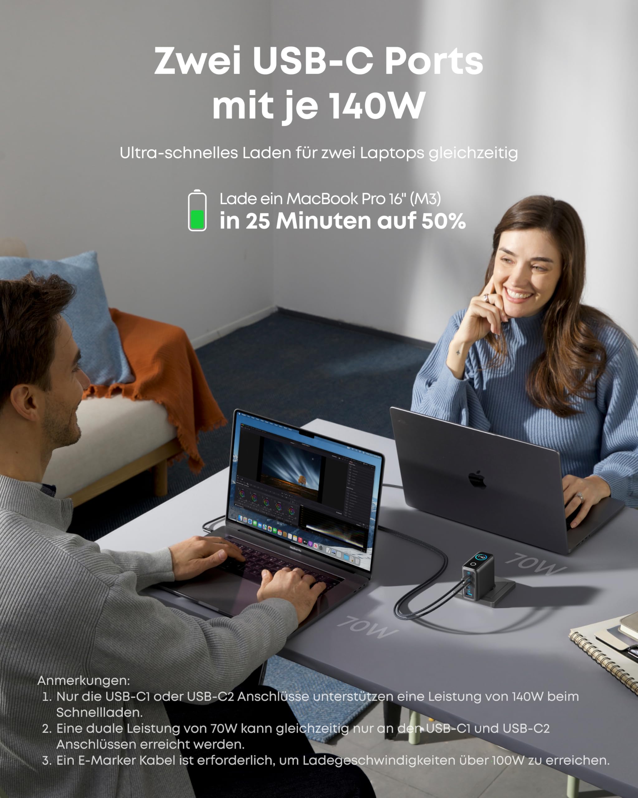 Anker 140W USB C Ladegerät GaN Netzteil 4-Port Multi-Geräte Schnellladeleistung Kompatibel MacBook iPhone 17/16/15 Samsung Pixel