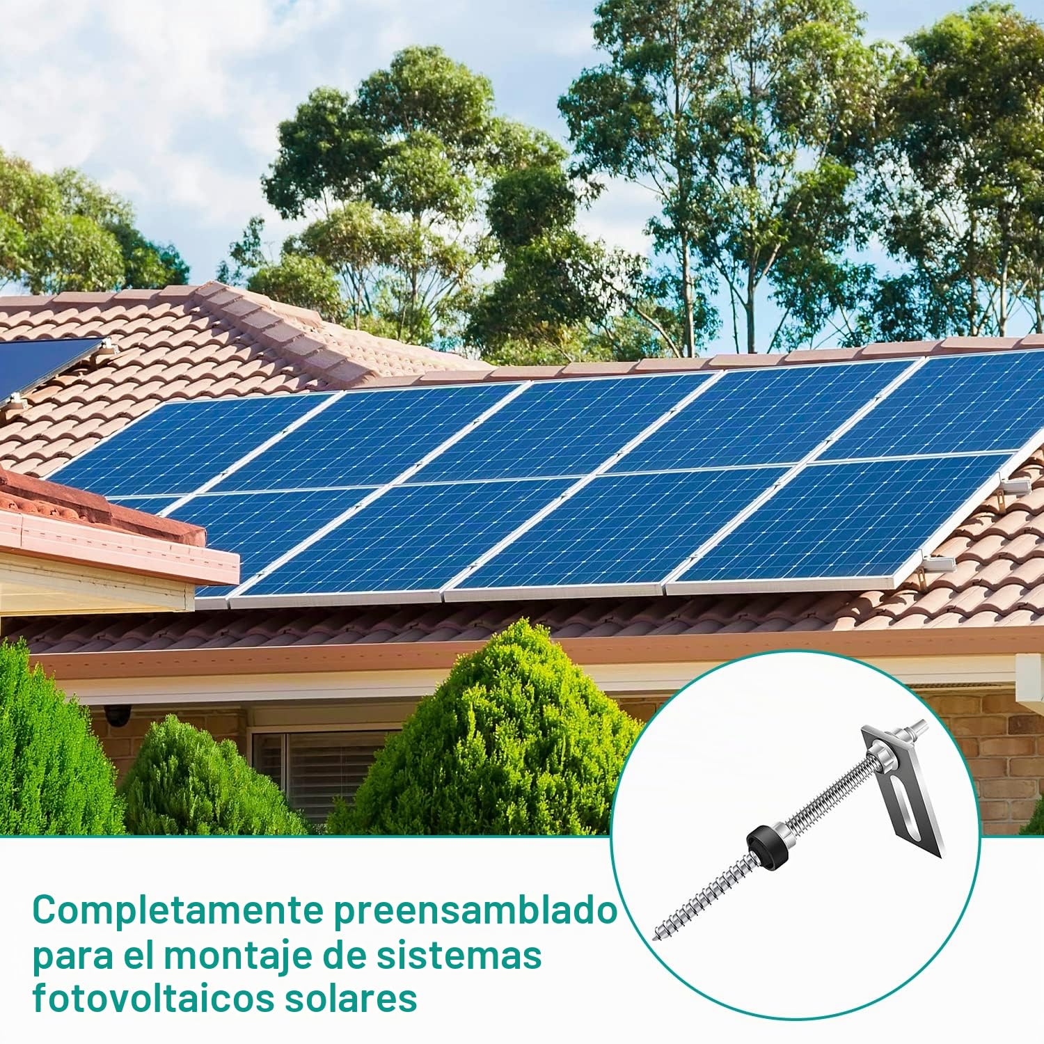 16 Piezas Tornillos de Acero Inoxidable, M10 x 200 mm, Tornillos de Soporte Placas Solares, Altura Regulable, con 16 Piezas Placa Adaptadora, para Fijación Solar Fotovoltaica