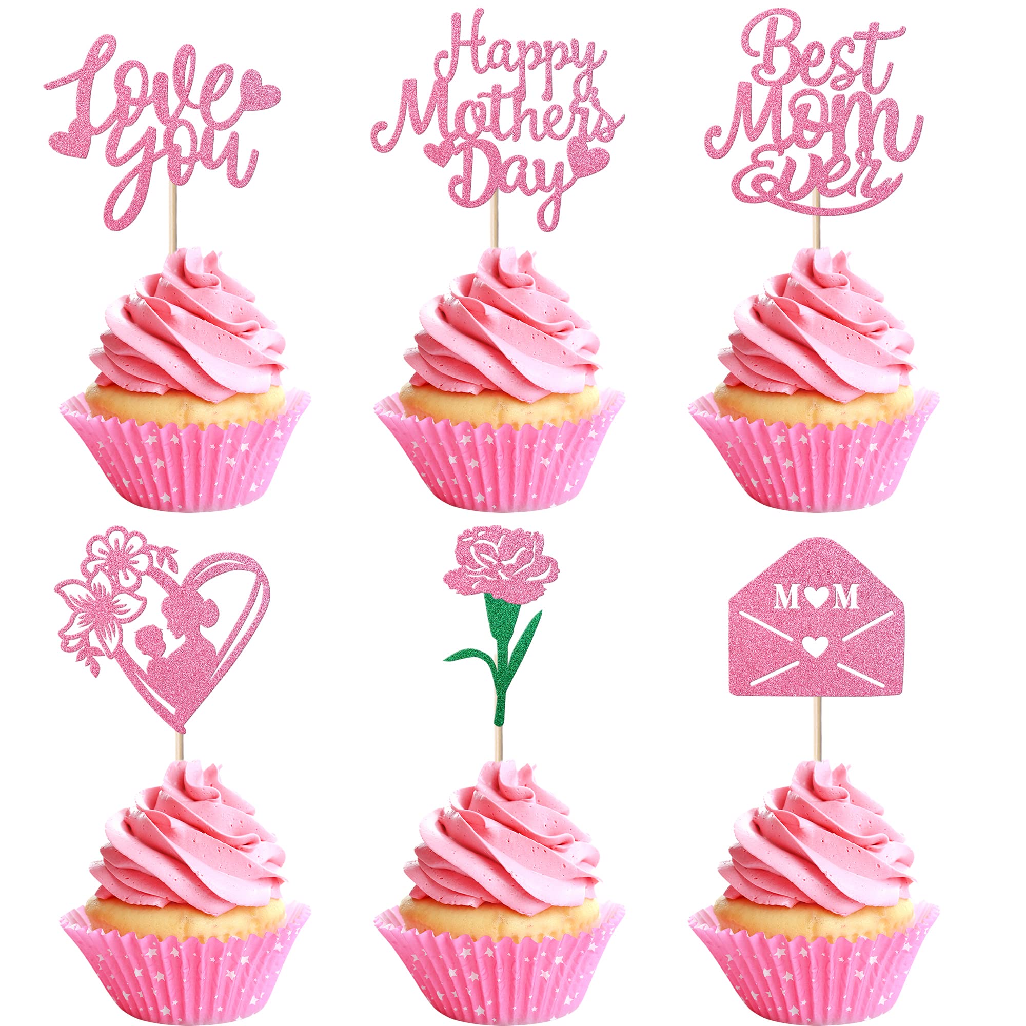 24 Stück Cupcake-Topper Für Muttertag – Glitzernde Rosen, „Love You Mom“, In Rot, Für Kuchen & Deko