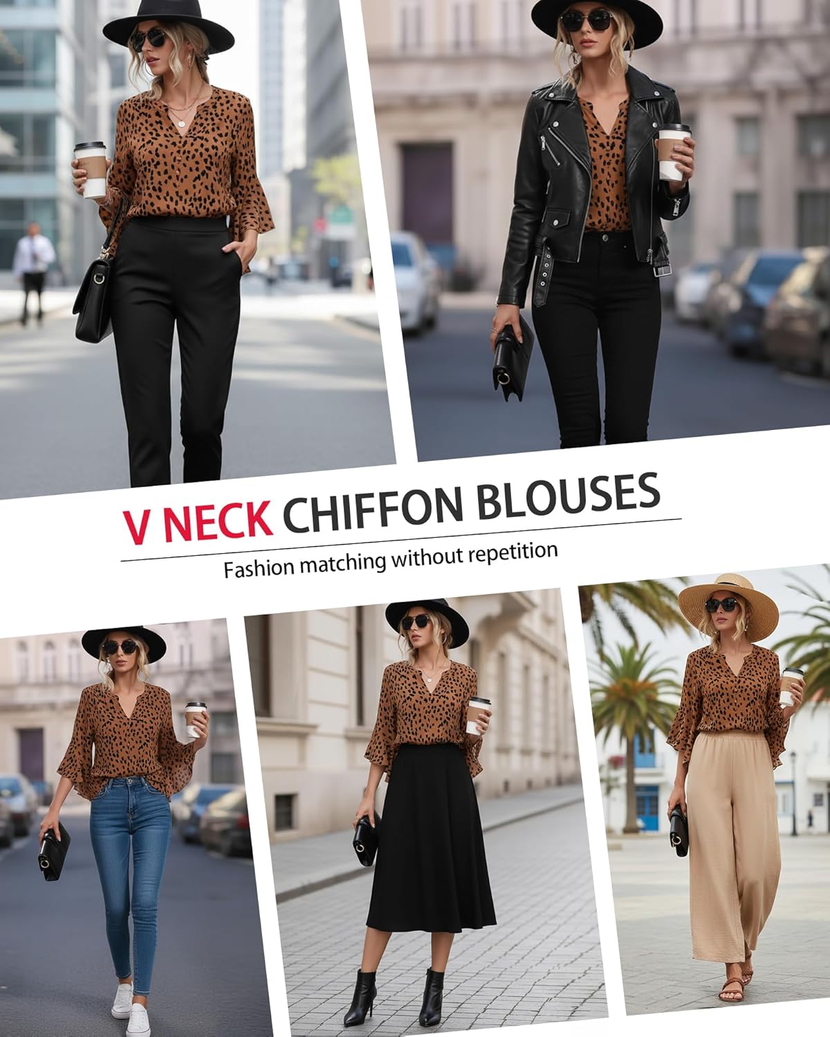 Bebonnie Womens Tops Dressy Casual Ruffle 3/4 Sleeve Henley V Neck Chiffon Blouses with Buttons - Image 5