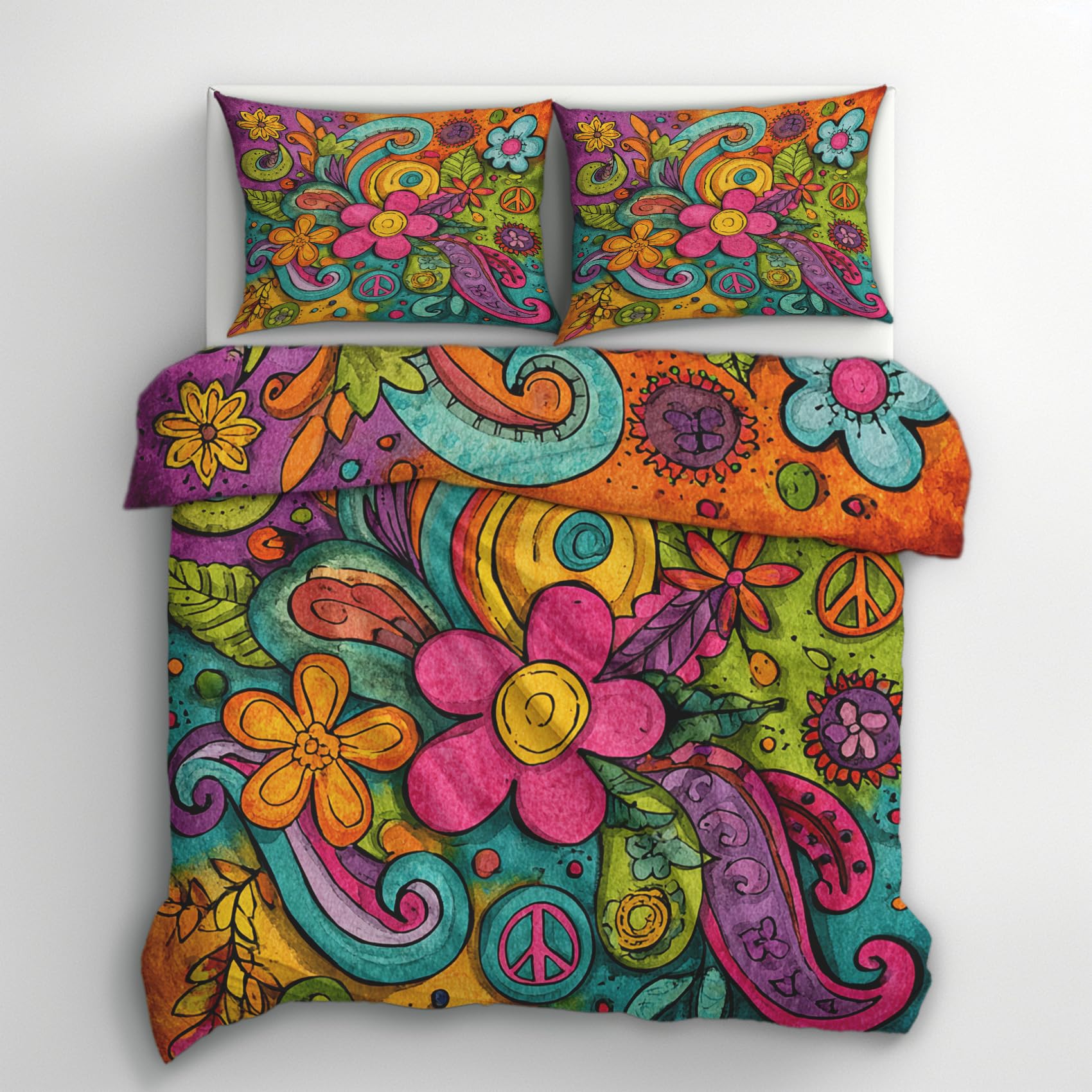 Parure de lit hippie fleurs 200x200 pour raviver l'esprit groovy et la joie dans votre chambre