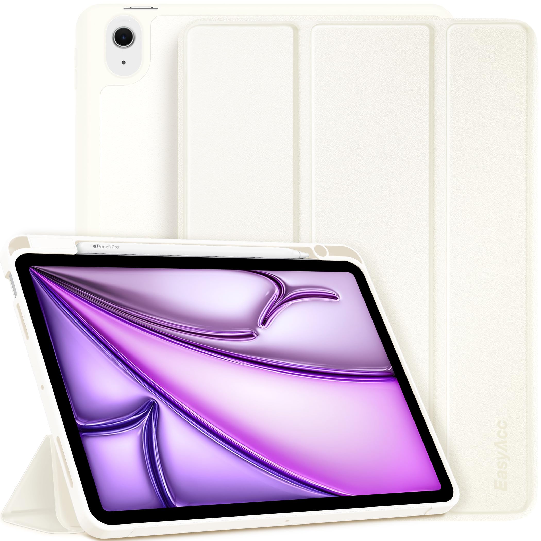 EasyAcc Hülle für iPad Air 11 Zoll M4/ M3/ M2 2026/2025/ 2024, iPad Air 4/5 (10.9 Zoll, 5. /4. Generation) mit Stifthalter, Dünne Schutzhülle mit Weicher TPU-Rückdecke, Cremeweiß